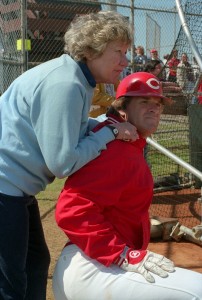 Reds owner Marge Schott with manager Pete Rose, circa 1985